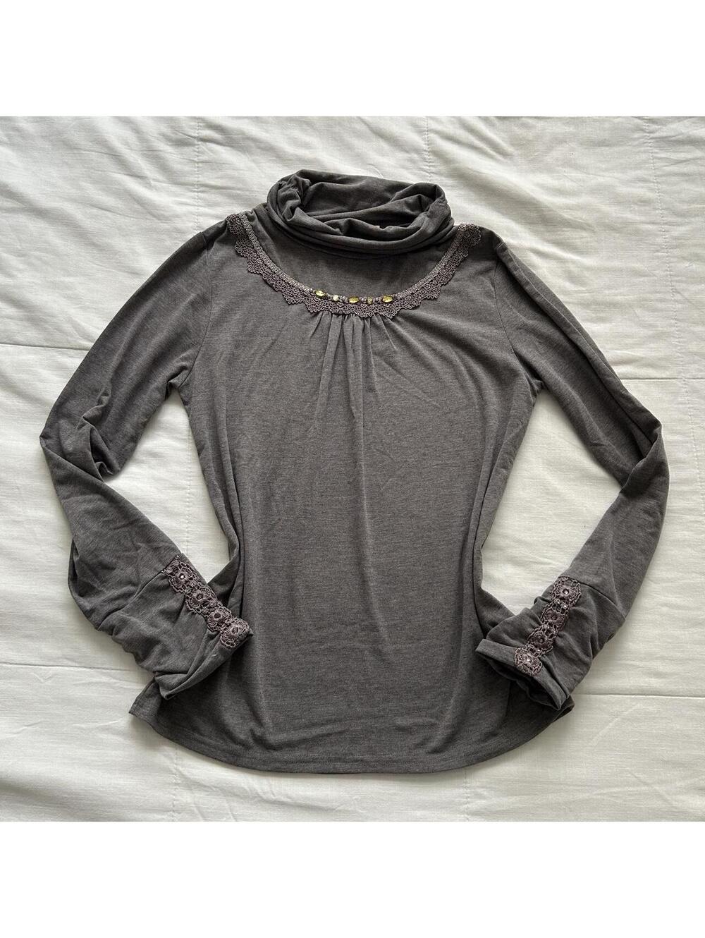 Axes Femme Charcoal Gray Lace Jeweled Turtleneck Long Sleeve Top M Japan